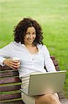 Businesswoman sitting in a bench in a Park in the pause from work