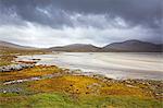 Storm clouds over tranquil view of mountains and beach, Luskentyre Beach, Harris, Outer Hebrides