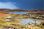 Sunny tranquil view craggy rocks and lake, Loch Euphoirt, North Uist, Outer Hebrides