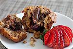 Chocolate muffin split open on a plate, English Meadows Inn, Kennebunk, ME.