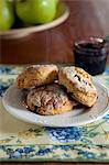 Blueberry scones sitting on white plate, Noble House Farms, New York State.