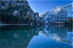 Croda del Becco (Seekofel) reflected in the calm waters of Braies Lake in autumn, Prags Dolomites, South Tyrol, (Bozen Province) Trentino Alto Adige, Italy