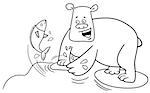 Black and White Cartoon Illustration of Bear Catching Fish in the River Coloring Page