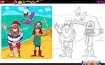 Cartoon Illustration of Pirate Characters on Treasure Island Coloring Book Activity