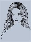 Attractive young beautiful lady portrait on the greyish background, vector outline
