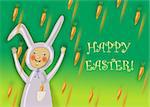 Colorful Happy Easter greeting card with rabbit boy and carrots