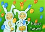 Colorful Happy Easter greeting card with rabbit boys playing music and eggs