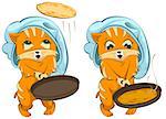 Shrovetide russian holiday. Cat cook fries pancakes. Isolated on white fun vector cartoon illustration