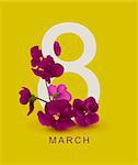 March 8 greeting card template. Violet flower on yellow background. Illustration in vector format