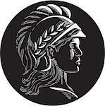 Illustration of Minerva or Menrva, the Roman goddess of wisdom and sponsor of arts, trade, and strategy wearing helmet and laurel crown viewed from side set inside oval shape done in retro woodcut style.