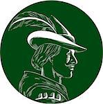 Illustration of a Robin Hood wearing medieval hat with a pointed brim and feather viewed from side set inside circle done in retro woodcut style.