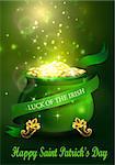 St. Patrick s Day symbol green pot full of gold coins and fireworks and ribbon Vector illustration