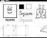 Black and White Educational Cartoon Illustration of Square Basic Geometric Shape for Children Coloring Page