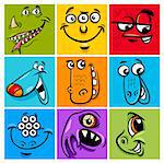 Cartoon Illustration of Monster Fictional Characters Faces Set