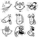 Black and White Cartoon Illustration of Monster Fictional Characters Faces Set Coloring Page