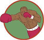 Drawing sketch style illustration of an african-american boxer doing a right hook punch set inside circle on isolated background.