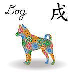 Chinese Zodiac Sign Dog, Fixed Element Earth, symbol of New Year on the Eastern calendar, hand drawn vector stencil with color geometric flowers isolated on a white background