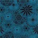 Lacy seamless floral pattern with various stylized geometric blue flowers on the black background, vector illustration