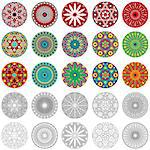 Set of twenty five colourful and monochrome stylized geometric round flowers, vector illustration