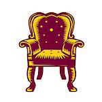 Illustration of a baroque grand arm chair set on isolated white background done in retro woodcut style.