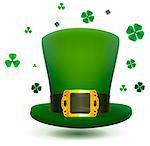 Green top cylinder hat with gold buckle. Luck leaf clover symbol Patricks Day. Isolated on white vector illustration