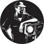 Illustration of a lighting filmcrew leaning on a fresnel spotlight looking to the side viewed from front set inside circle done in retro woodcut style.