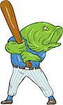 Illustration of a largemouth bass baseball player holding bat batting looking to the side viewed from front set on isolated white background done in cartoon style.