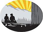 Illustration of  two trampers campers sitting on a log, one female and one male looking up to the mountain set inside oval shape with sunburst in the background done in retro woodcut style.