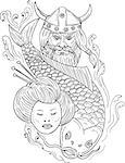 Drawing sketch style illustration of a head of a norseman viking warrior raider barbarian wearing horned helmet with beard, koi carp fish diving and geisha girl viewed from front set on isolated white background.