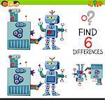Cartoon Illustration of Finding the Difference Educational Game for Children with Fantasy Robot Characters