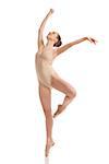 young modern ballet dancer posing on white background