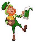 Drunk fun Patrick holds pot of gold and glass of green beer. Isolated on white vector cartoon illustration