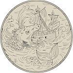Drawing sketch style illustration of an ancient sea monster attacking devouring a sailing ship in turbulent sea ocean water set inside circle.