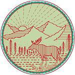 Mono line Illustration of a moose viewed from the side with river mountain and sun burst in the background set inside circle done in retro style.
