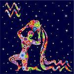 Zodiac sign Aquarius with colorful flowers fill on a background of the dark blue starry sky, vector illustration