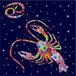 Zodiac sign Cancer with colorful flowers fill on a background of the dark blue starry sky, vector illustration