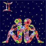 Zodiac sign Gemini with colorful flowers fill on a background of the dark blue starry sky, vector illustration