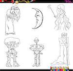 Black and White Cartoon Illustration of Fantasy Characters Set Coloring Page