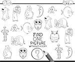 Black and White Cartoon Illustration of Educational Game of Finding Single Image for Preschool Kids Coloring Page