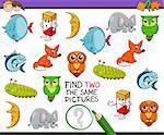 Cartoon Illustration of Finding Two Identical Pictures Educational Game for Children