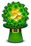 Green clover leaves and gold coins ball in top cylinder hat. Isolated on white vector illustration
