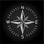 Drawing white color compass wind rose on dark black transparent background. The dial and the scale shows North South East West directions