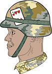 Drawing sketch style illustration of an African American soldier wearing Us Army Kevlar combat helmet with camouflage cloth cover and four of hearts playing card attached to side viewed from the side set on isolated white background.