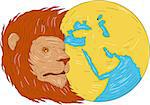 Drawing sketch style illustration of a lion head with flowing mane looking to the side with middle east and asia map globe set on isolated white background.
