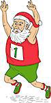 Illustration of santa claus saint nicholas father christmas running a marathon raising hands over head set on isolated white background done in cartoon style.