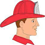 Drawing sketch style of a fireman wearing vintage fireman fire fighter helmet viewed from the side set on isolated white background.