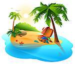 Summer vacation on tropical island. Open suitcase on sand among palms. Vector cartoon illustration