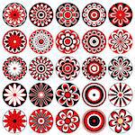 Set of twenty five symmetrical stylized vector flowers in black, white and red colors isolated on the white background