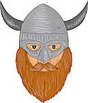 Drawing sketch style illustration of a norseman viking warrior raider barbarian head with beard wearing horned helmet viewed from front set on isolated white background.