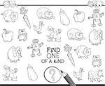 Black and White Cartoon Illustration of Educational Activity of Finding One of a Kind for Children Coloring Page